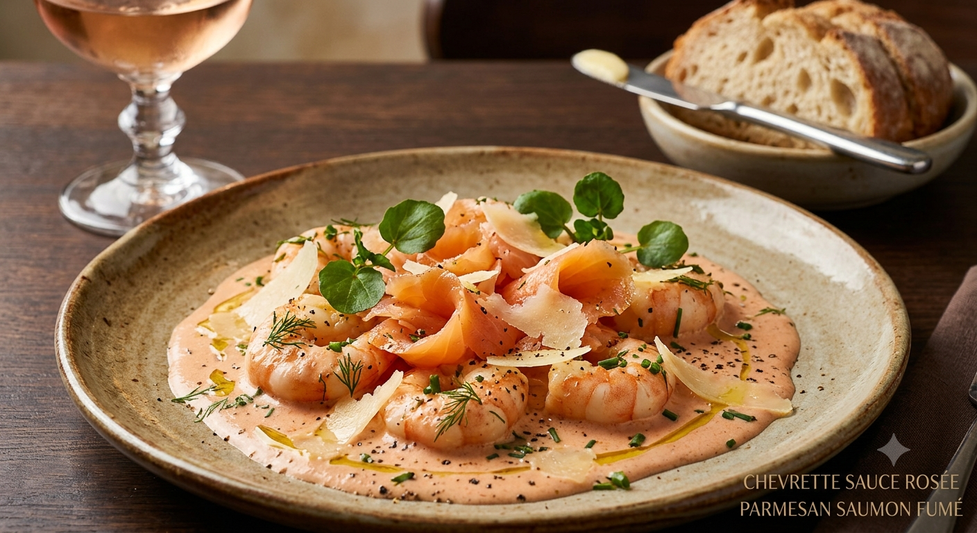 Chevrette sauce rosé, Parmesan, Saumon fumé